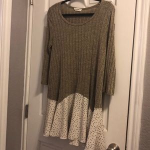 Heathered Tan Tunic Top with Polka Dot Ruffle